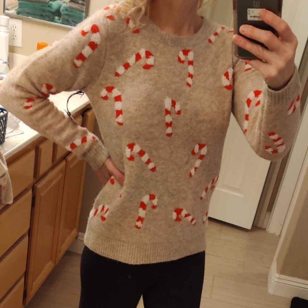 cupcakes & cashmere Tan Sweater with Red and White Candy Cane Pattern. - Picture 3 of 11